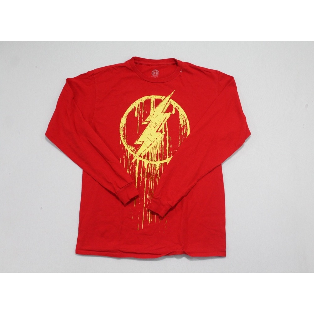 DC Comics Flash T-Shirt Mens Medium Red Excellent Long Sleeve Distressed Logo